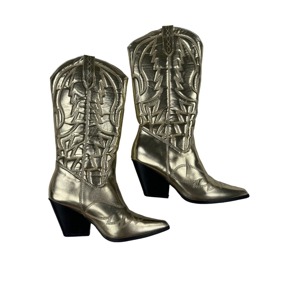 Boohoo - Metallic Knee High Western Cowboy Boots In Gold